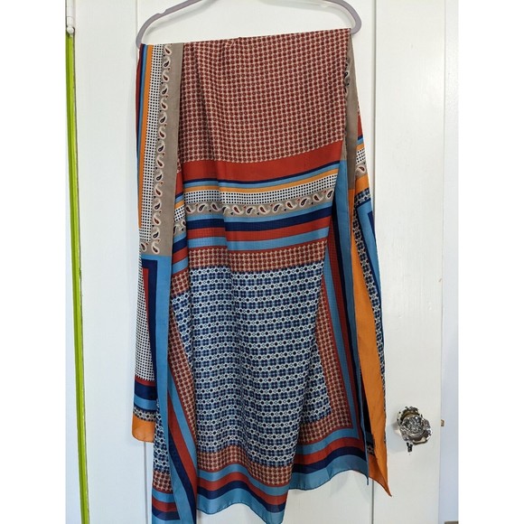 Large Rectangular Silky Scarf Multicolor Geometric Color Block Blue Rust 35X72" - Picture 6 of 11